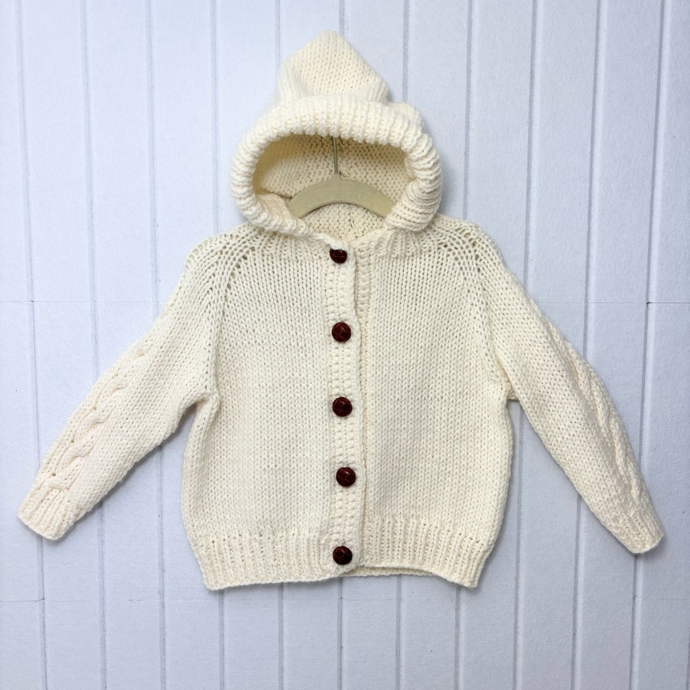 Handmade Cozy Cream Knit Hooded Cardigan Size 1-2T